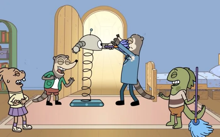 El papá de Diego, Diego, Martha, Javier y BROBI reconciliándose al final del episodio